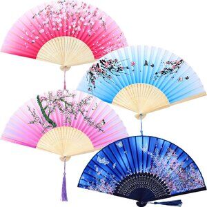 4-Piece Folding Fans - Bamboo & Silk Fabric, Perfect for Parties, Weddings & Gif